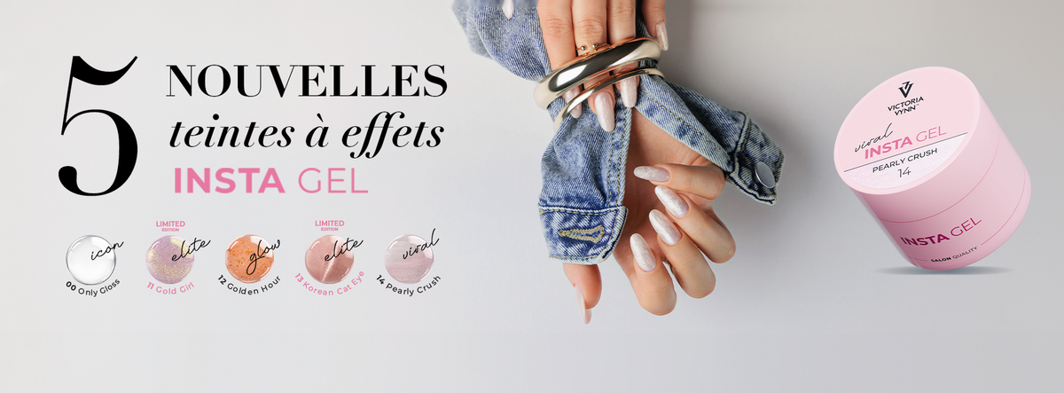 Victoria Vynn : 5 nouvelles teintes à effets Insta Gel, Only Gloss, Gold Girl, Golden Hour, Korean Cat Eye et Pearly Crush, sur des ongles nacrés