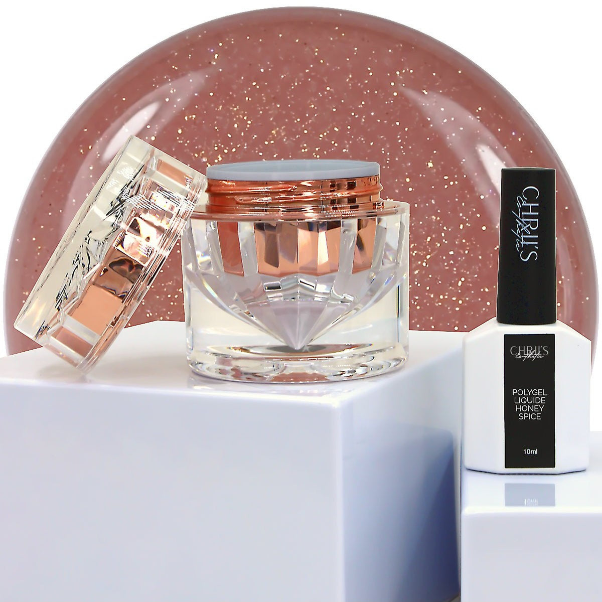 Polygel  et acrygel liquide Honey Spice CHRIIS-ESTHETIC, pot transparent et flacon de 10 ml devant un fond rose pailleté