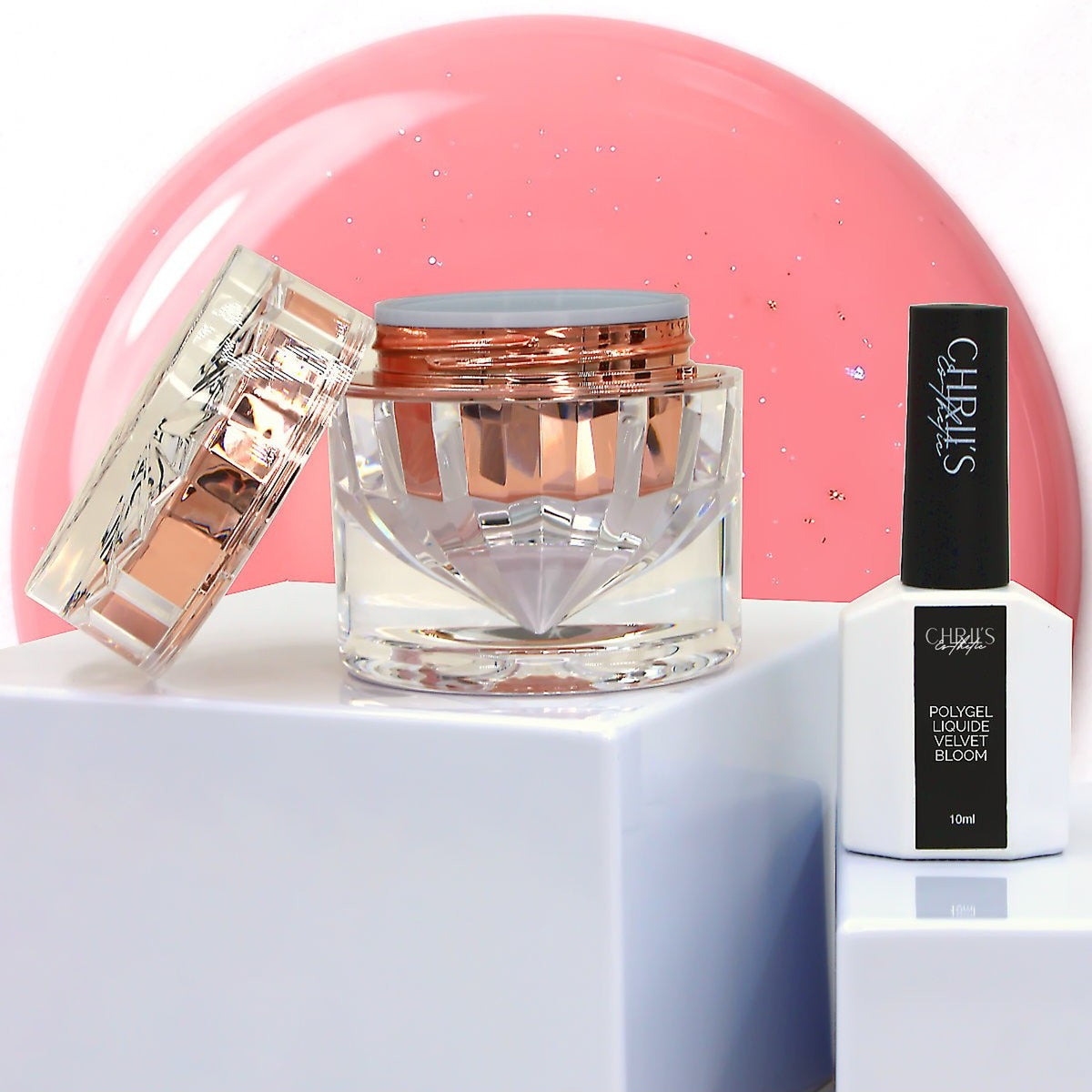 Pot et flacon de Polygel liquide Velvet Bloom CHRIIS‑ESTHETIC, avec leur étiquette visible, vendu chez mon style mes ongles