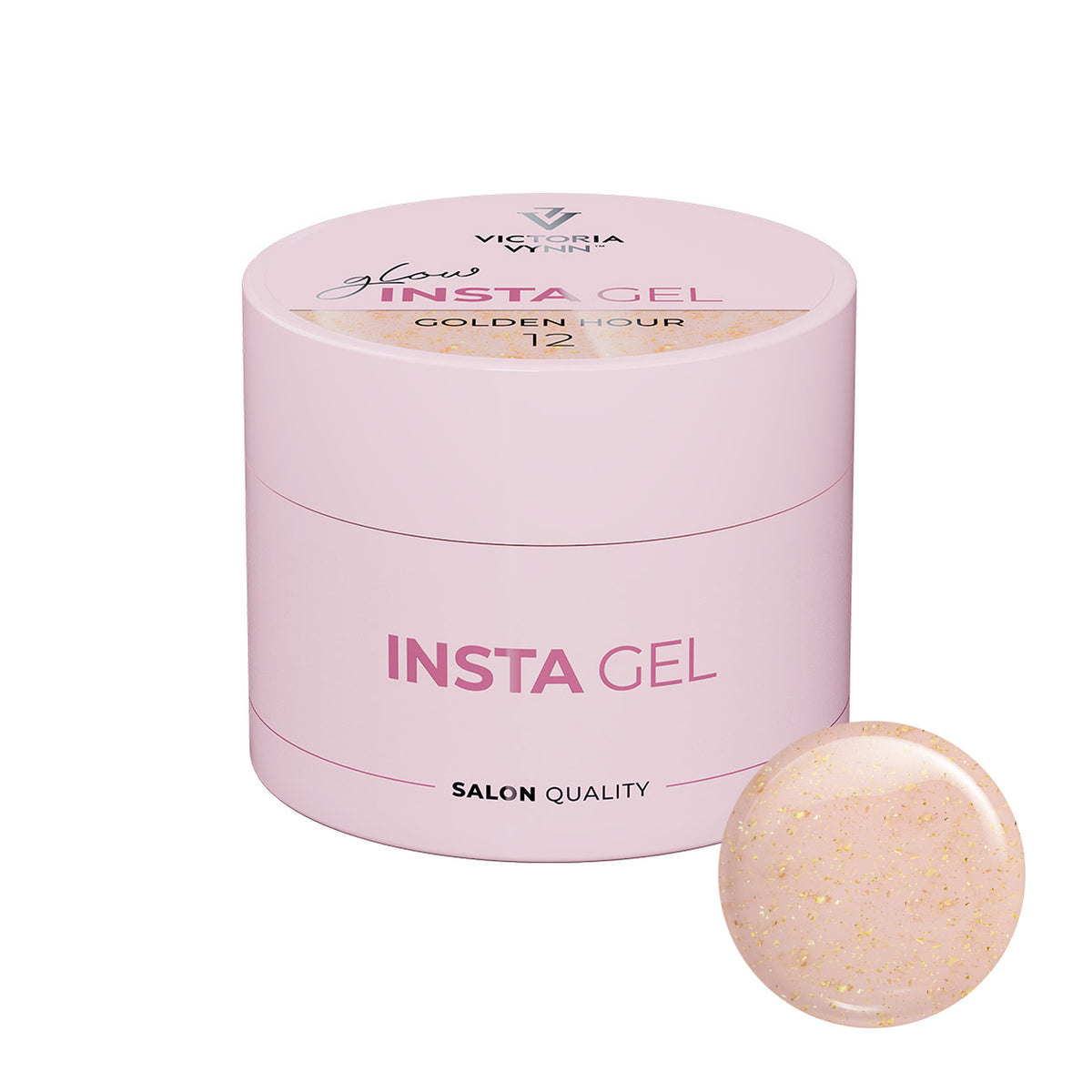 Pot Victoria Vynn Insta Gel 12 Golden Hour avec pastille de gel rose pâle aux éclats dorés., manucure gel quebec