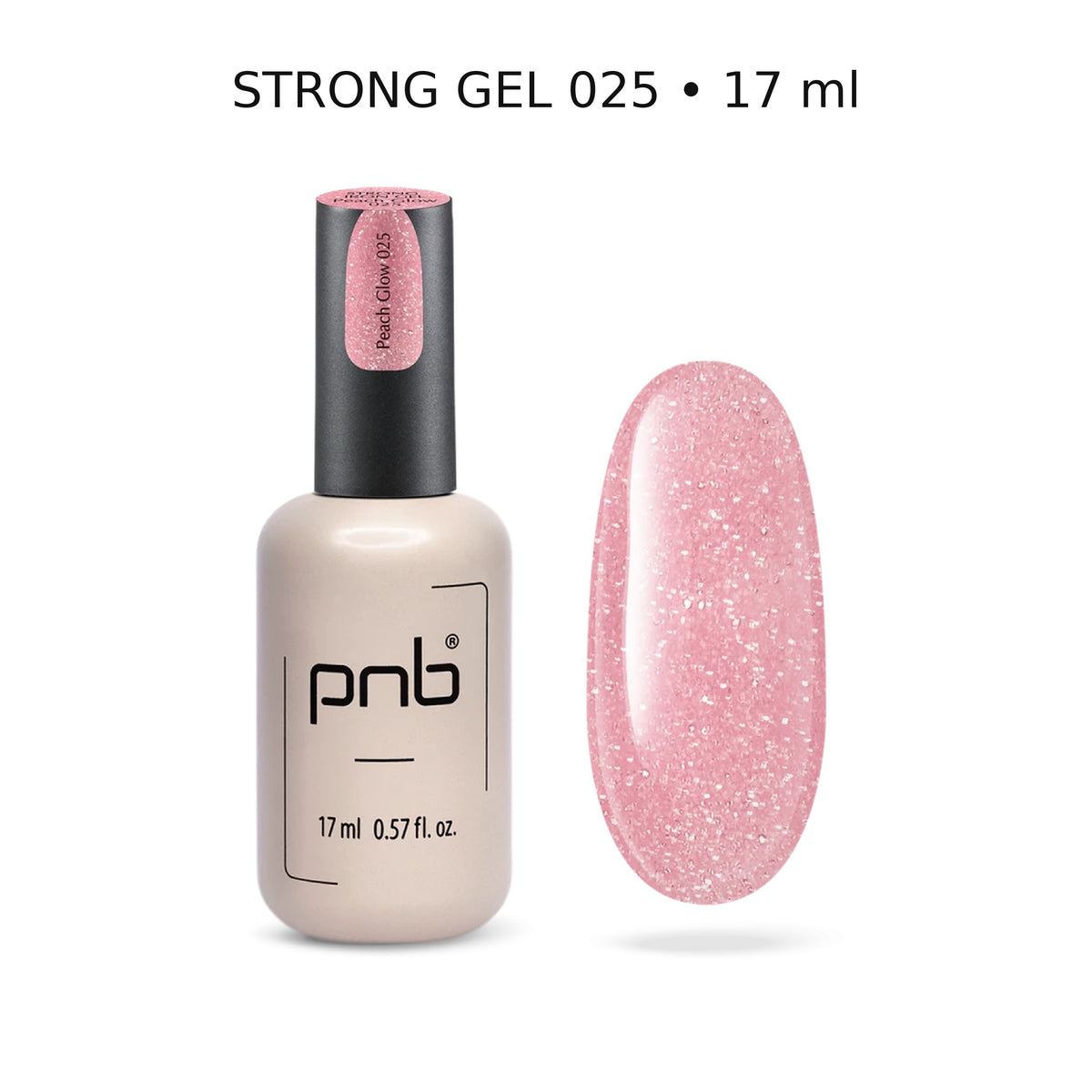 Strong Gel PNB 025 Peach Glow 17 ml avec nuancier – gel professionnel rose pêche scintillant | Mon Style Mes Ongles Québec