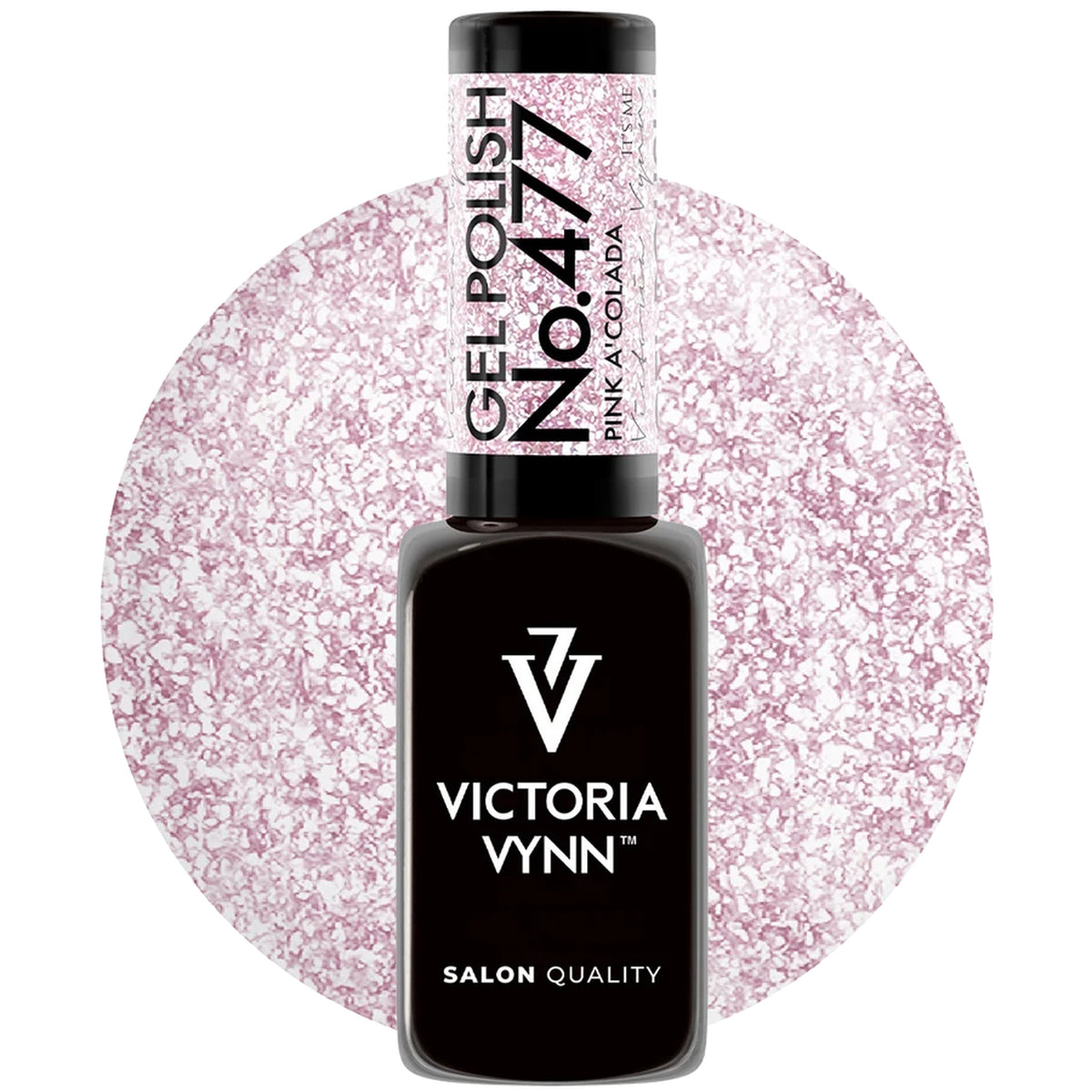 Flacon de vernis gel Victoria Vynn no 477 Pink Colada avec aperçu de sa teinte rose pailletée