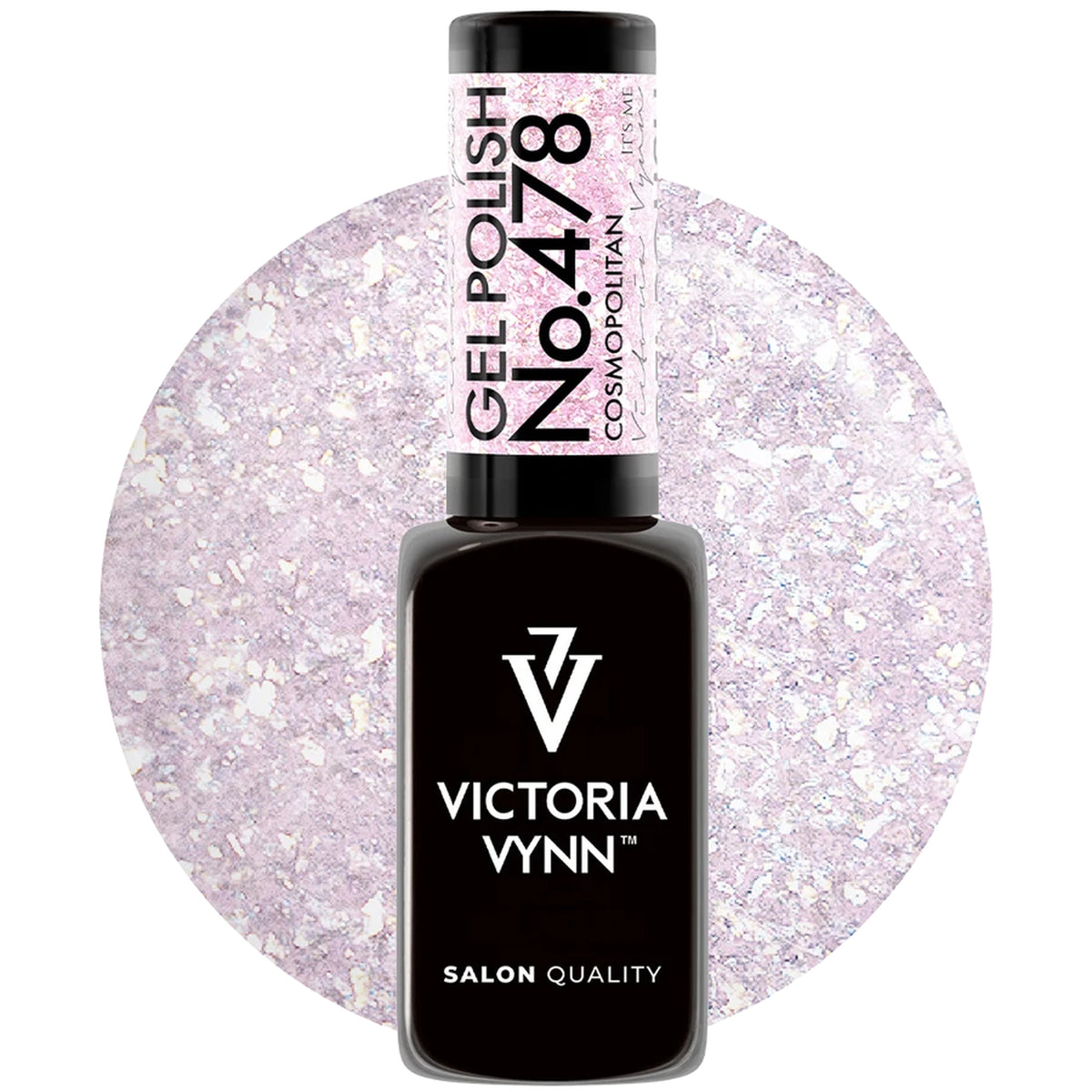 Flacon de vernis gel Victoria Vynn no 478 Cosmopolitan avec aperçu de sa teinte rose lilas scintillante