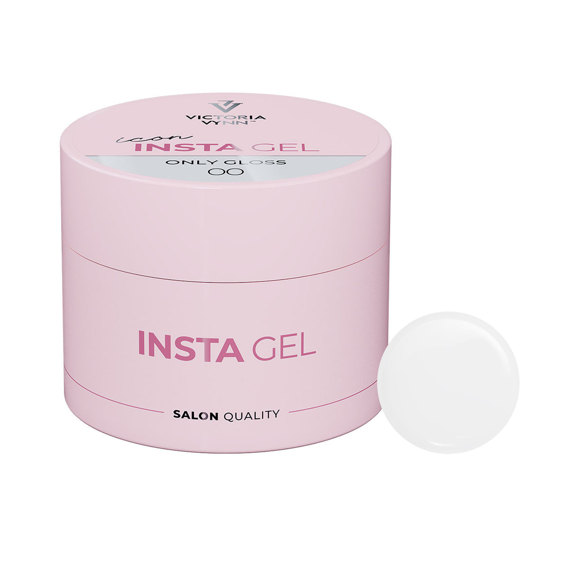Pot Victoria Vynn Insta Gel 00 Only Gloss, gel de construction transparent 40 ml, accompagné de sa pastille de couleur sur fond blanc.