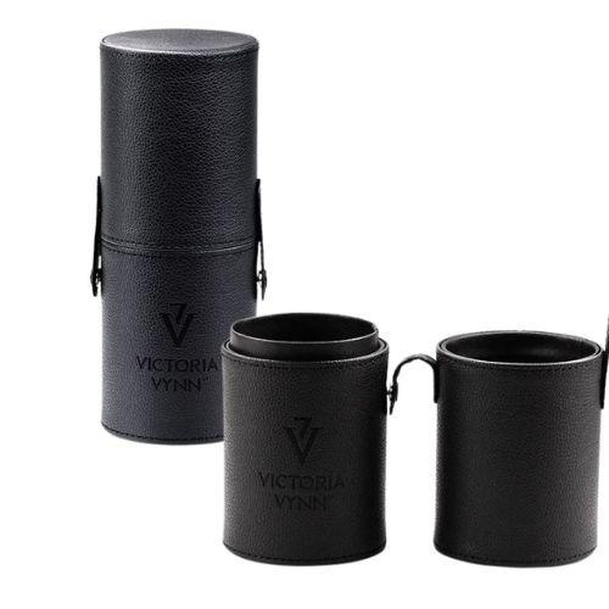 Étui cylindrique noir Victoria Vynn pour pinceaux, ouvert avec ses deux compartiments.