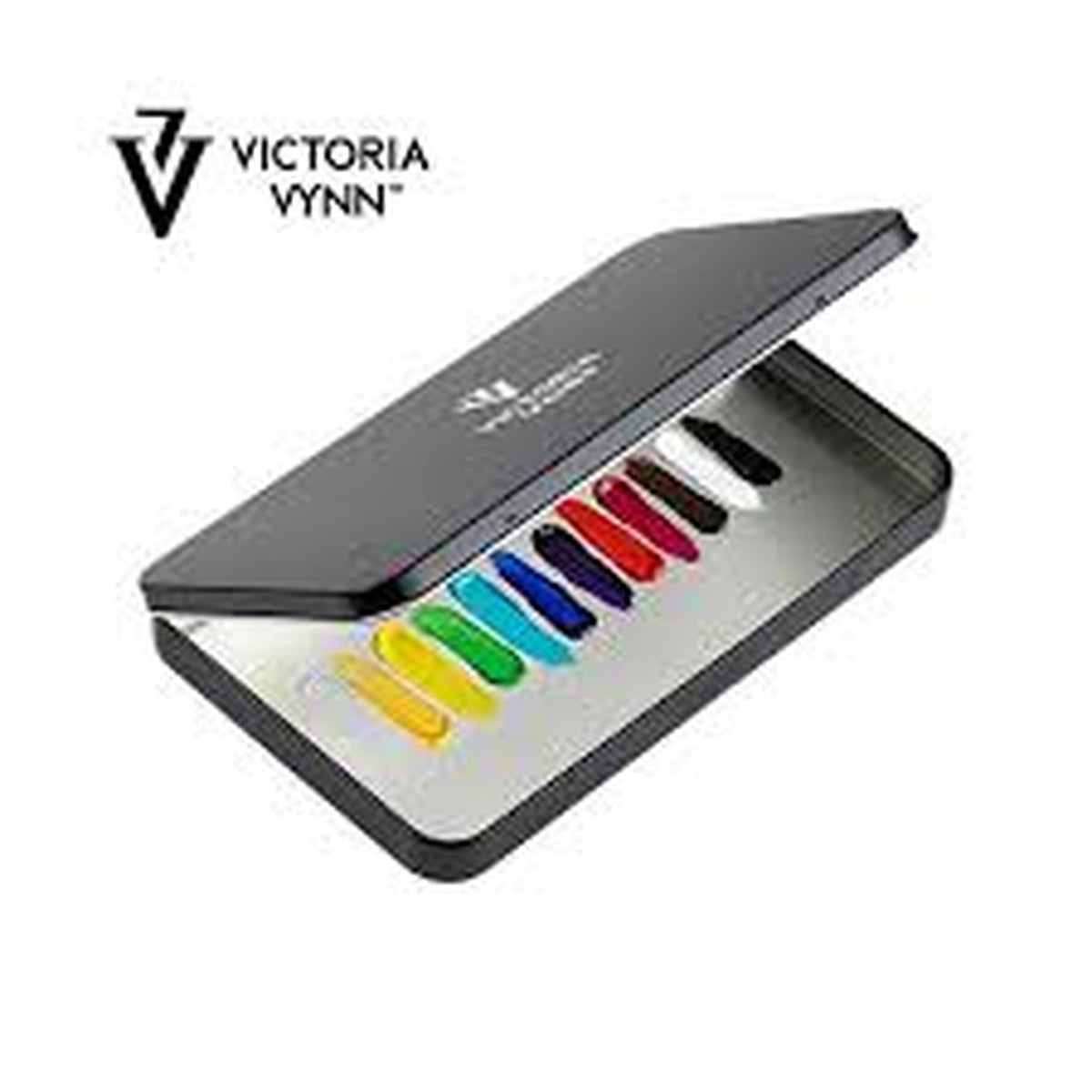Boîte Victoria Vynn Nail Art Box ouverte avec pinceaux et capsules de couleur rangés à l’intérieur.