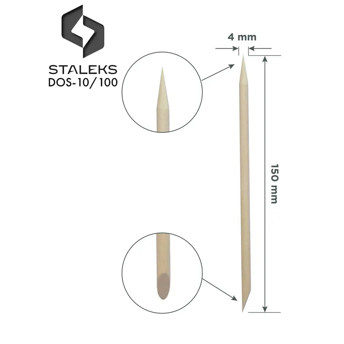 Bâtonnet en bois Staleks avec indication de ses dimensions et vue de ses deux extrémités.