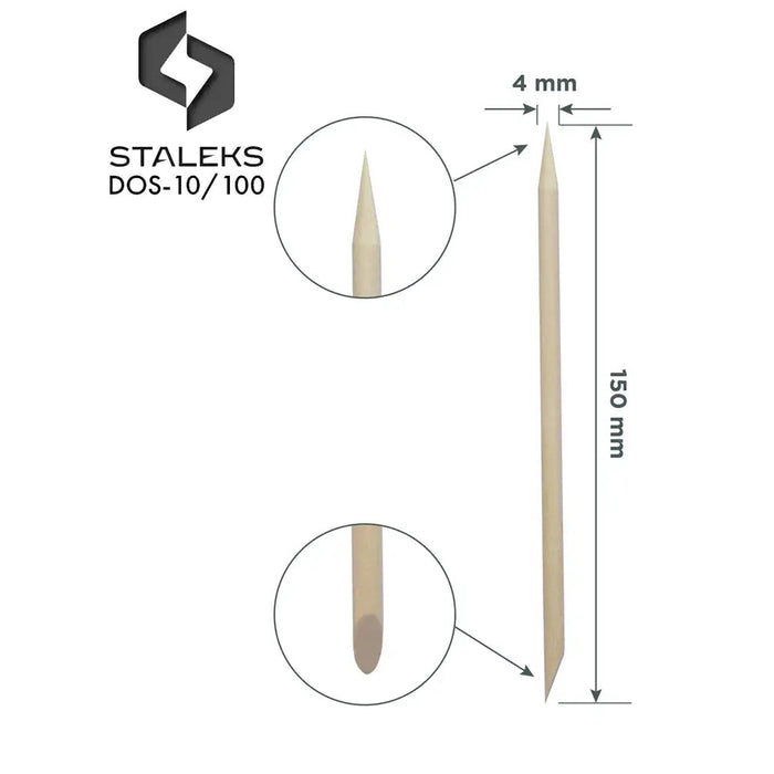 Bâtonnet en bois Staleks avec indication de ses dimensions et vue de ses deux extrémités.