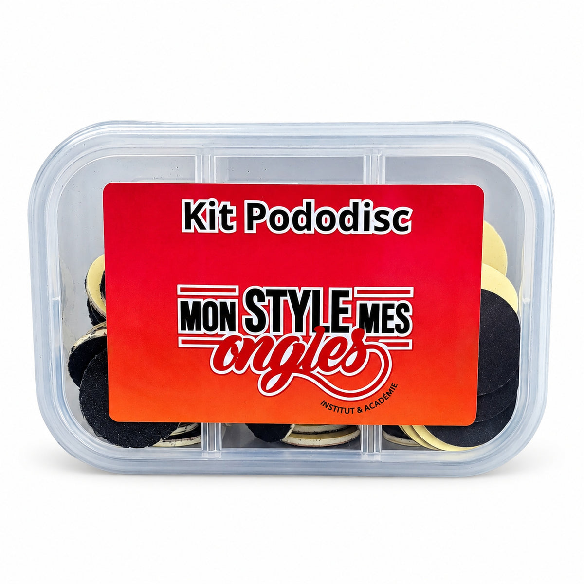 Boîte fermée du kit Pododisc MSMO avec embout de pédicure et disques abrasifs.