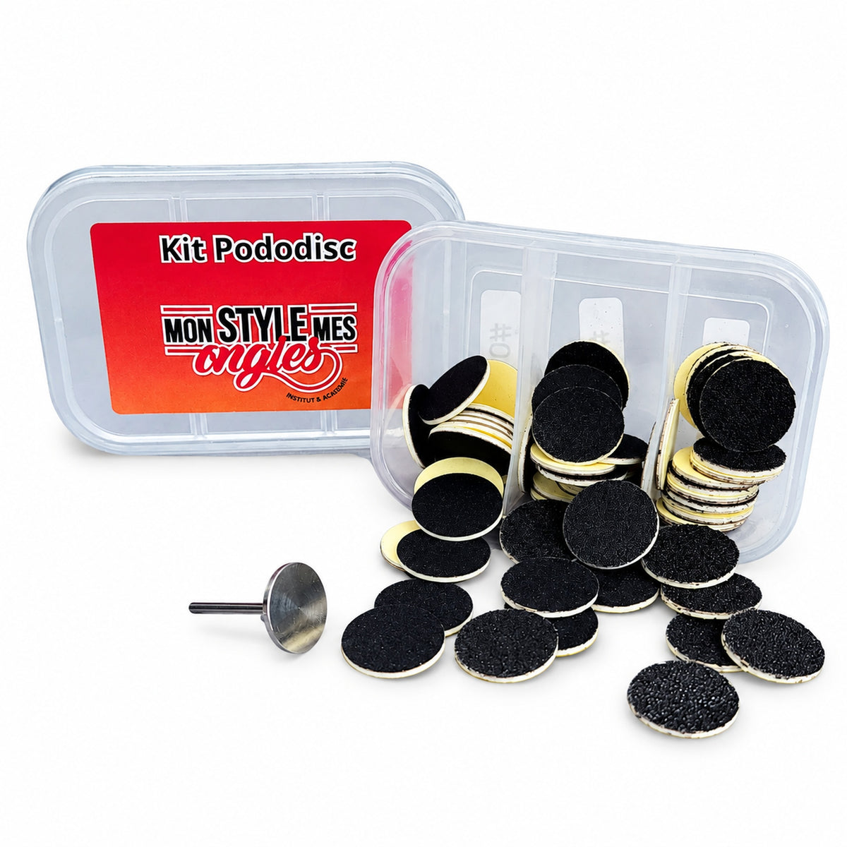 Kit Pododisc MSMO ouvert avec embout et disques abrasifs présentés à côté.