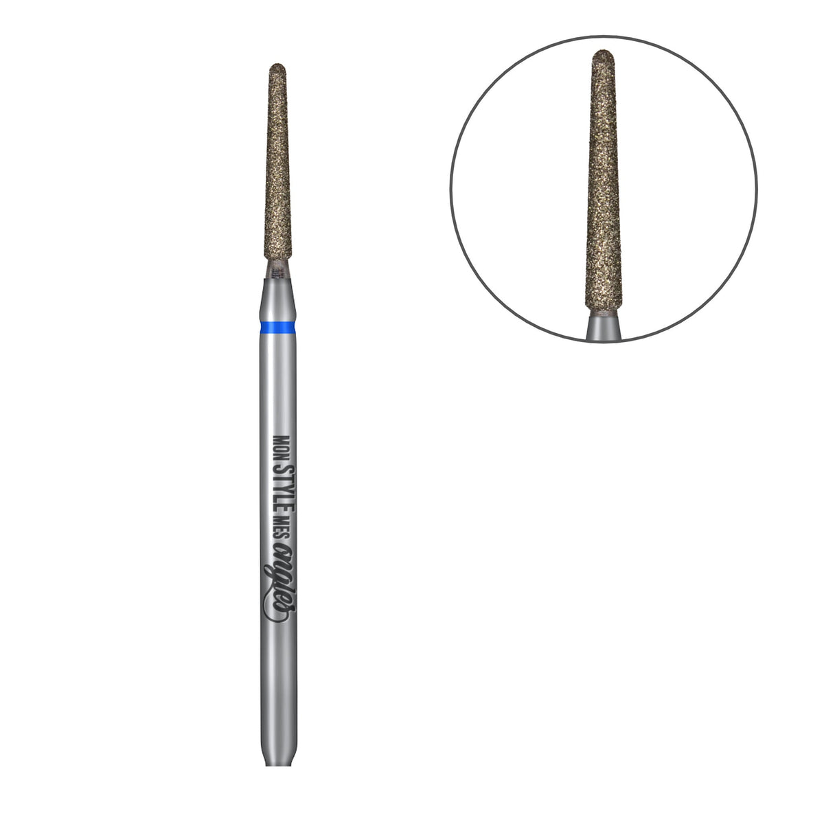Aiguille flamme bleue – vue complète avec zoom sur la tête de l'embout | Mon Style Mes Ongles