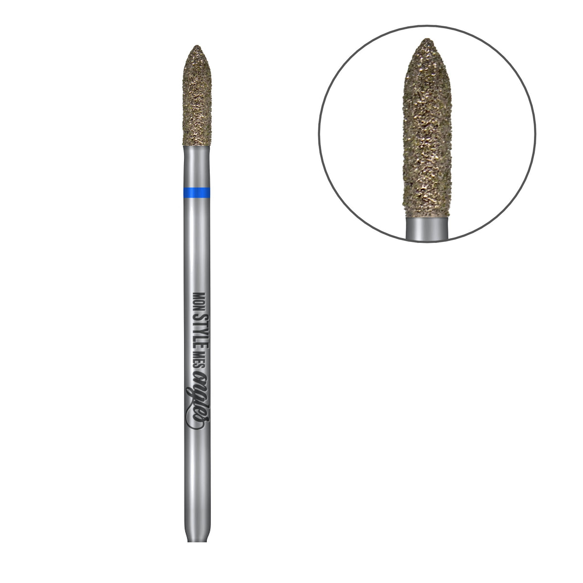 Torpille bleue grain moyen – vue complète avec zoom sur la tête de l'embout | Mon Style Mes Ongles
