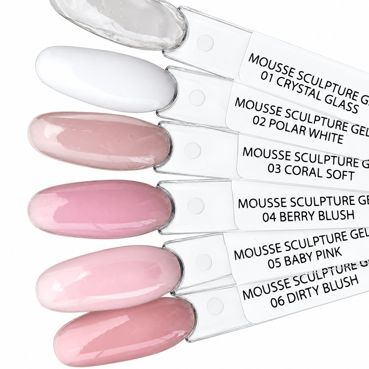Nuancier des six teintes Mousse Sculpture Gel Victoria Vynn, de 01 Crystal Glass à 06 Dirty Blush.