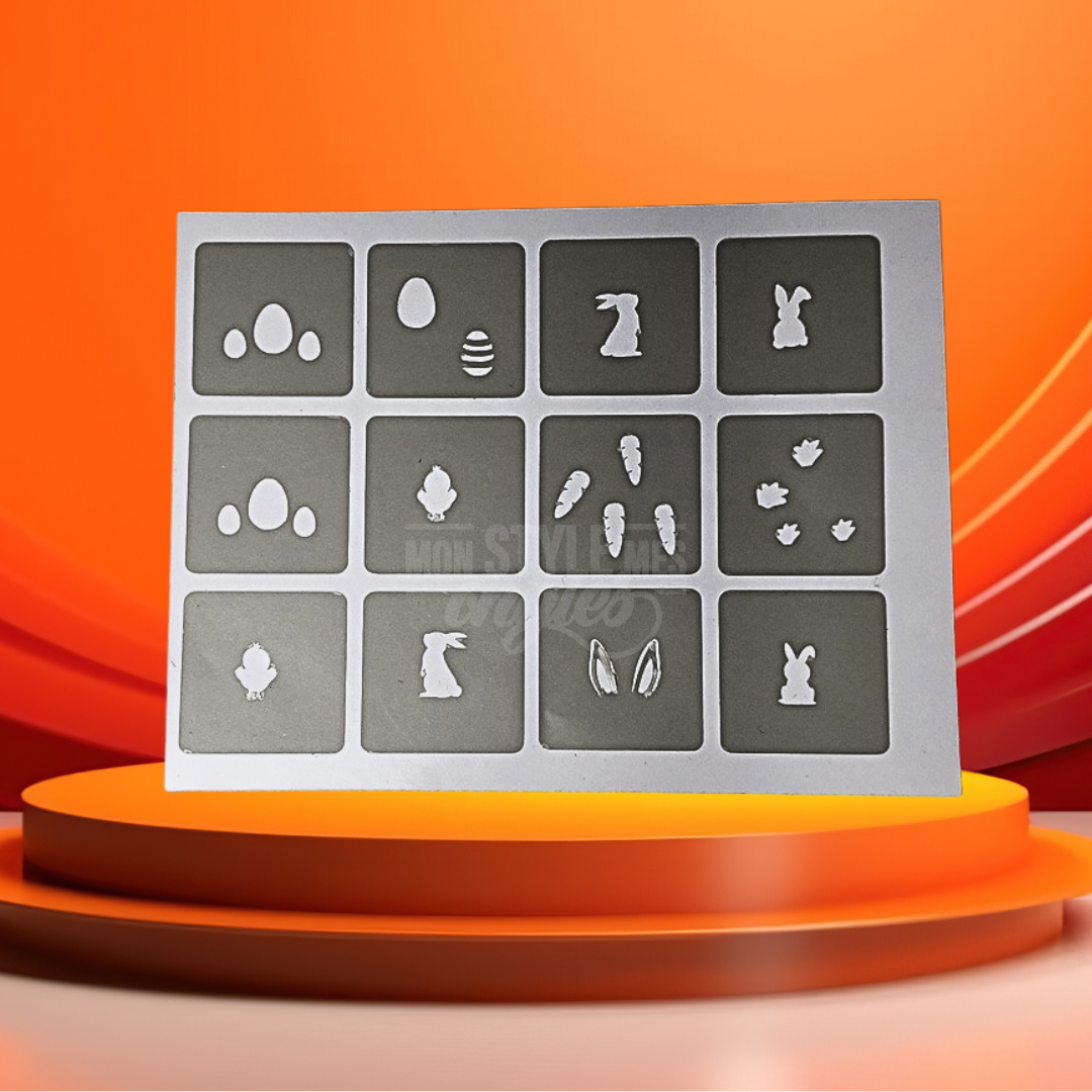 Stencil Réutilisable Nail Art Pâques – Motifs Lapins et Œufs pour Airbrush Ongles