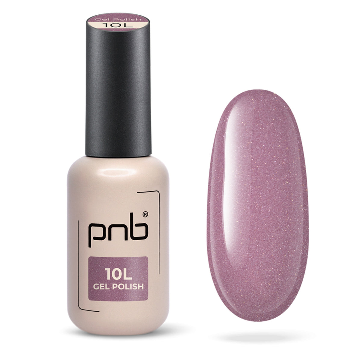 Flacon et échantillon du vernis gel PNB n° 10L Taupe Cacao.