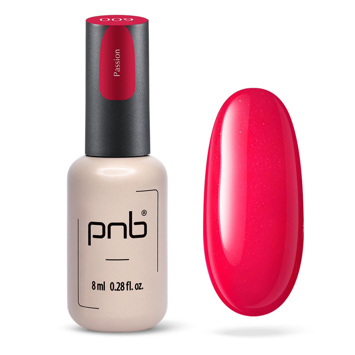 Flacon et échantillon du vernis gel PNB n° 009 Passion.