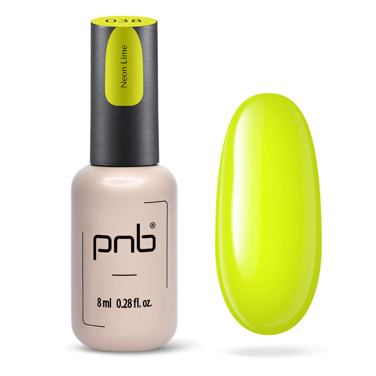Flacon et échantillon du vernis gel PNB n° 038 Neon Lime.