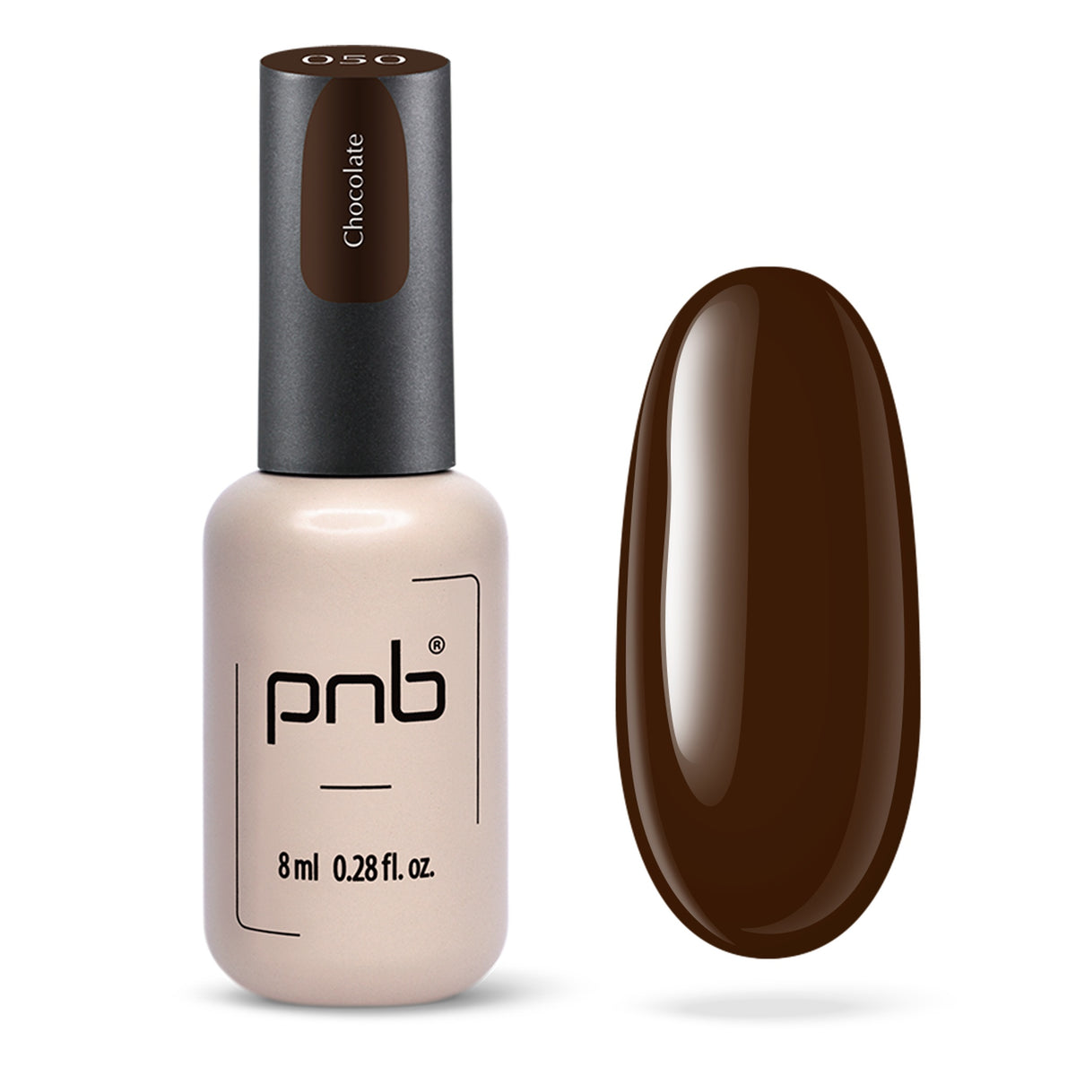 Flacon et échantillon du vernis gel PNB n° 050 Chocolate.
