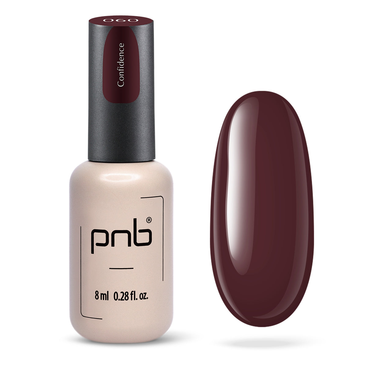 Flacon et échantillon du vernis gel PNB n° 060 Confidence.