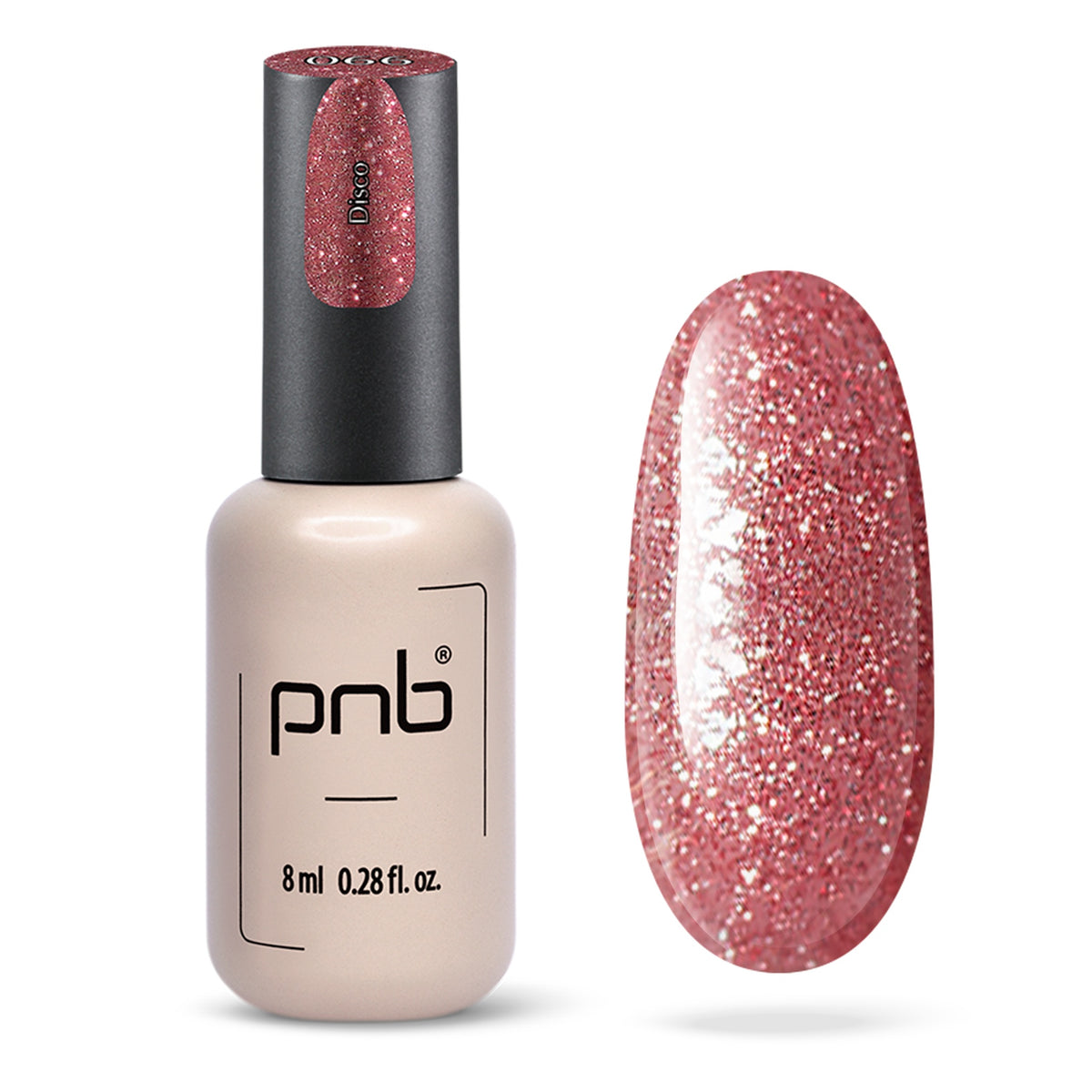 Flacon et échantillon du vernis gel PNB n° 066 Disco.