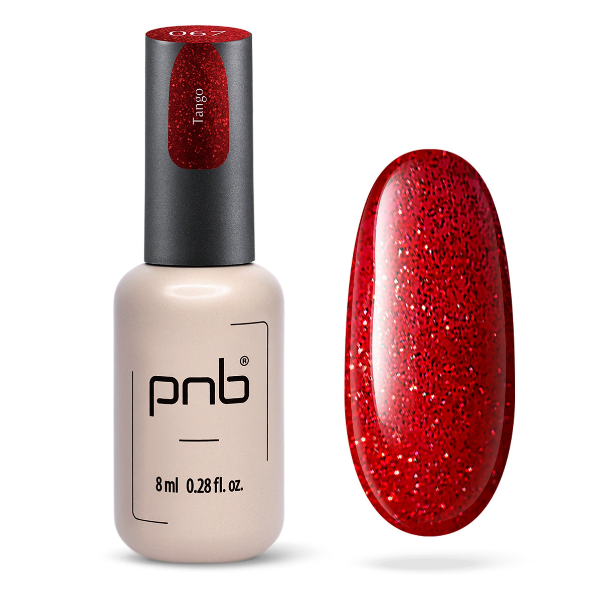 Flacon et échantillon du vernis gel PNB n° 067 Tango.