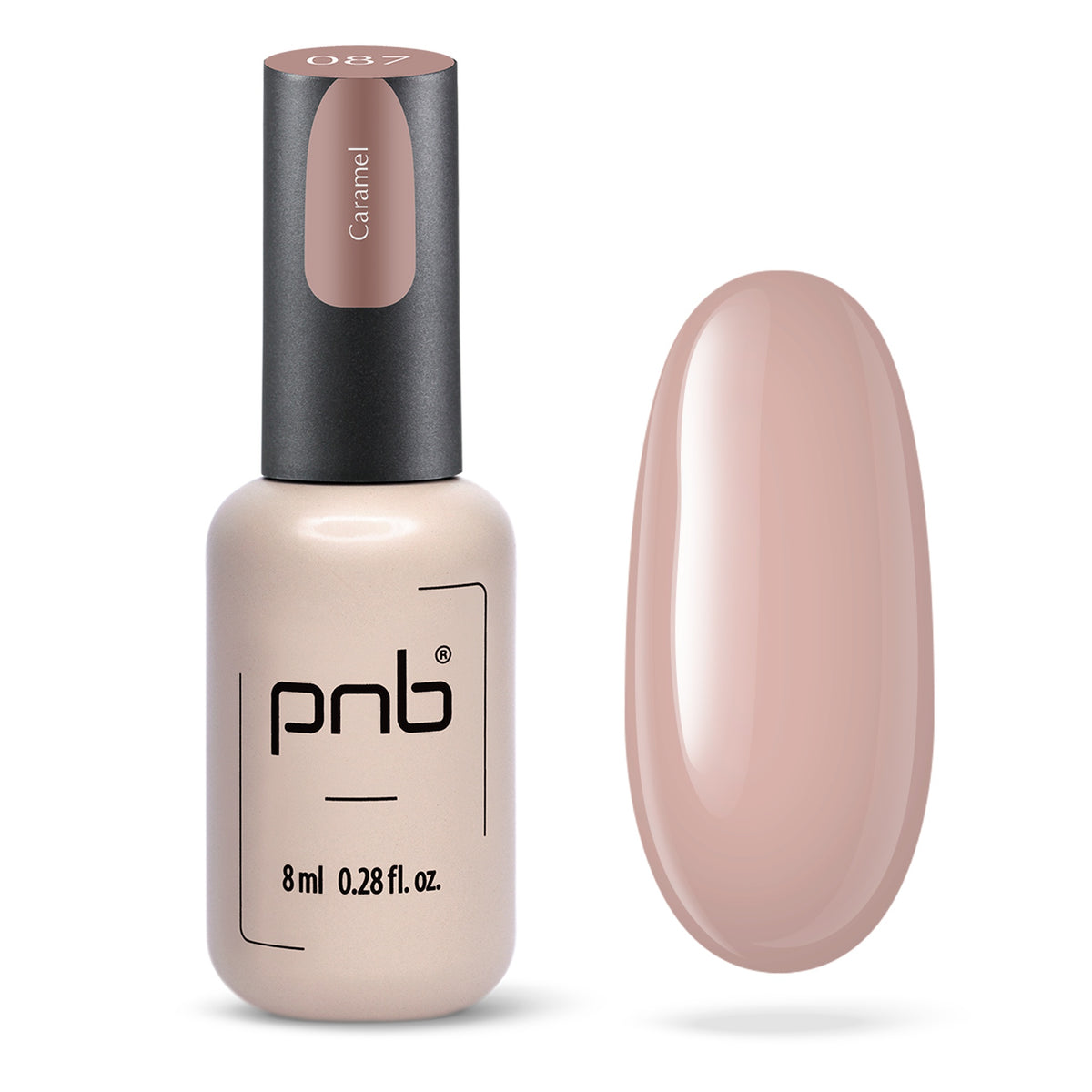 Flacon et échantillon du vernis gel PNB n° 087 Caramel.
