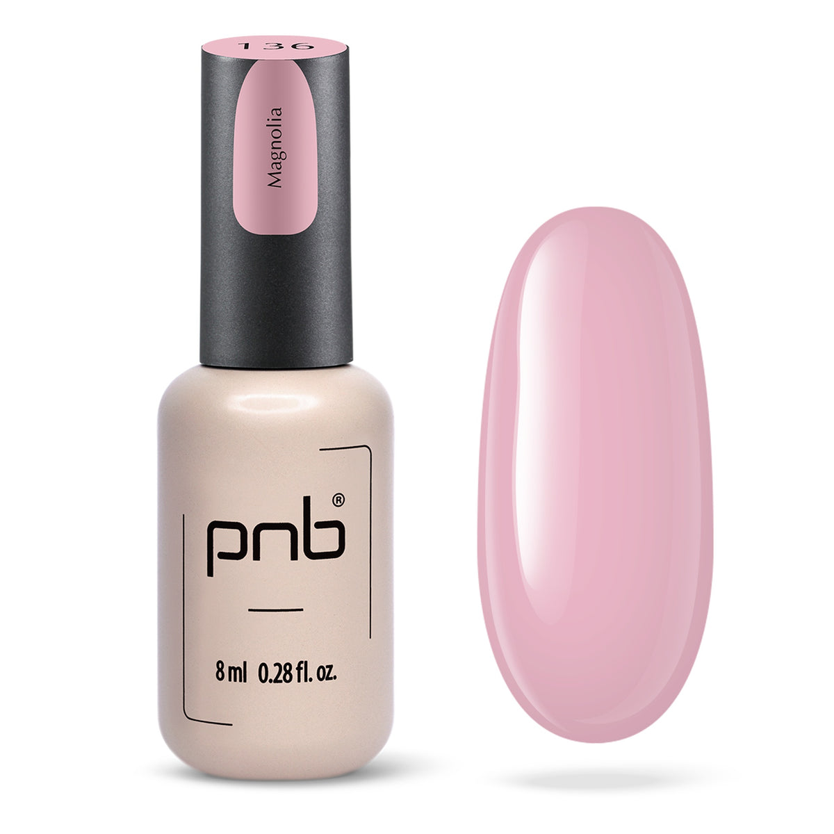 Flacon et échantillon du vernis gel PNB n° 136 Magnolia.