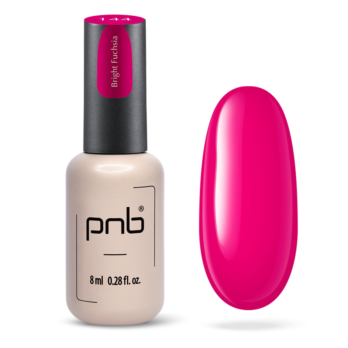 Flacon et échantillon du vernis gel PNB n° 144 Bright Fuchsia.