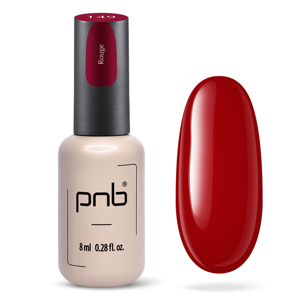 Flacon et échantillon du vernis gel PNB n° 149 Rouge.