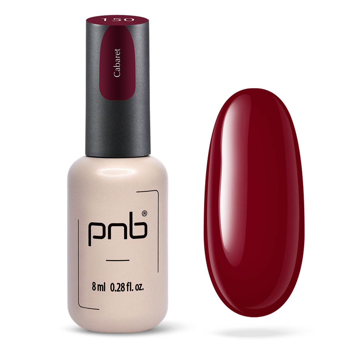 Flacon et échantillon du vernis gel PNB n° 150 Cabaret.