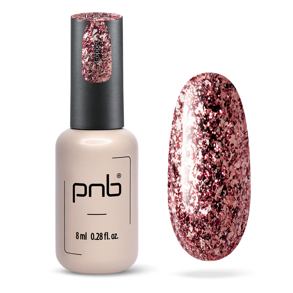 Flacon et échantillon du vernis gel PNB n° 182 Copper.