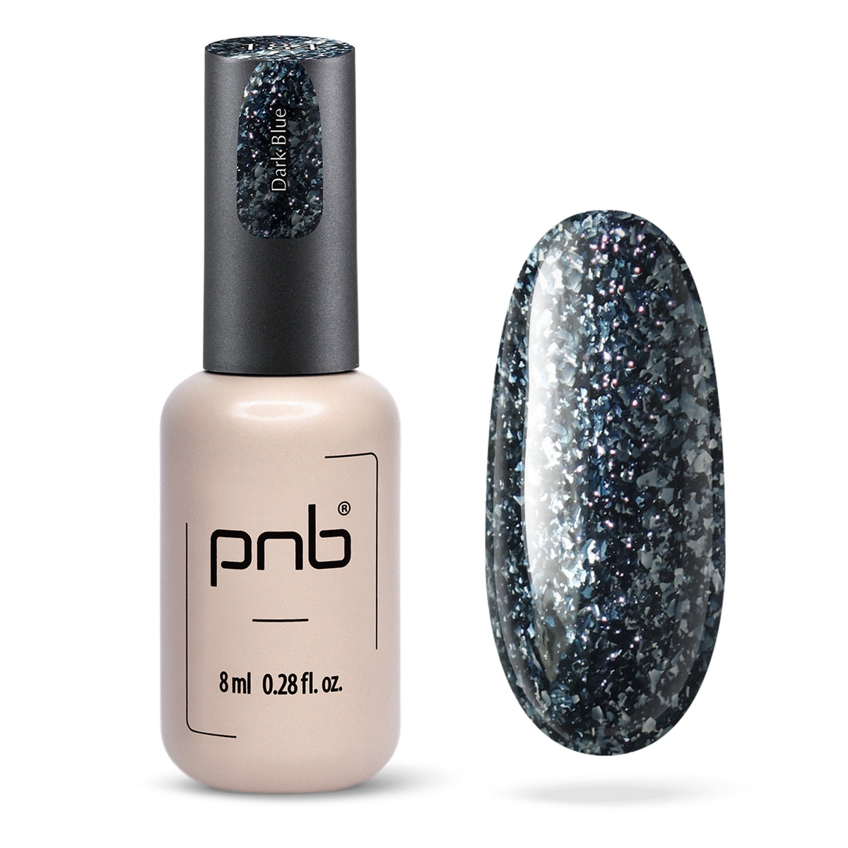 Flacon et échantillon du vernis gel PNB n° 184 Dark Blue.