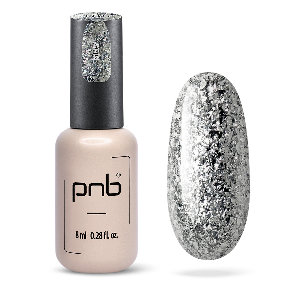 Flacon et échantillon du vernis gel PNB n° 185 Silver.