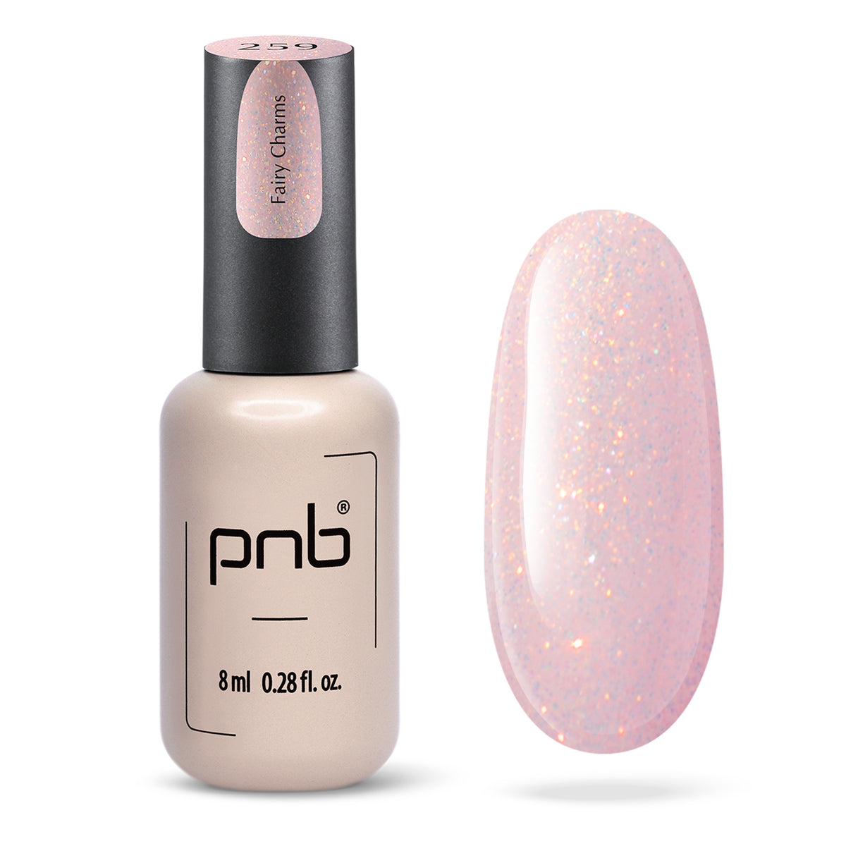 Flacon et échantillon du vernis gel PNB n° 259 Fairy Charms.