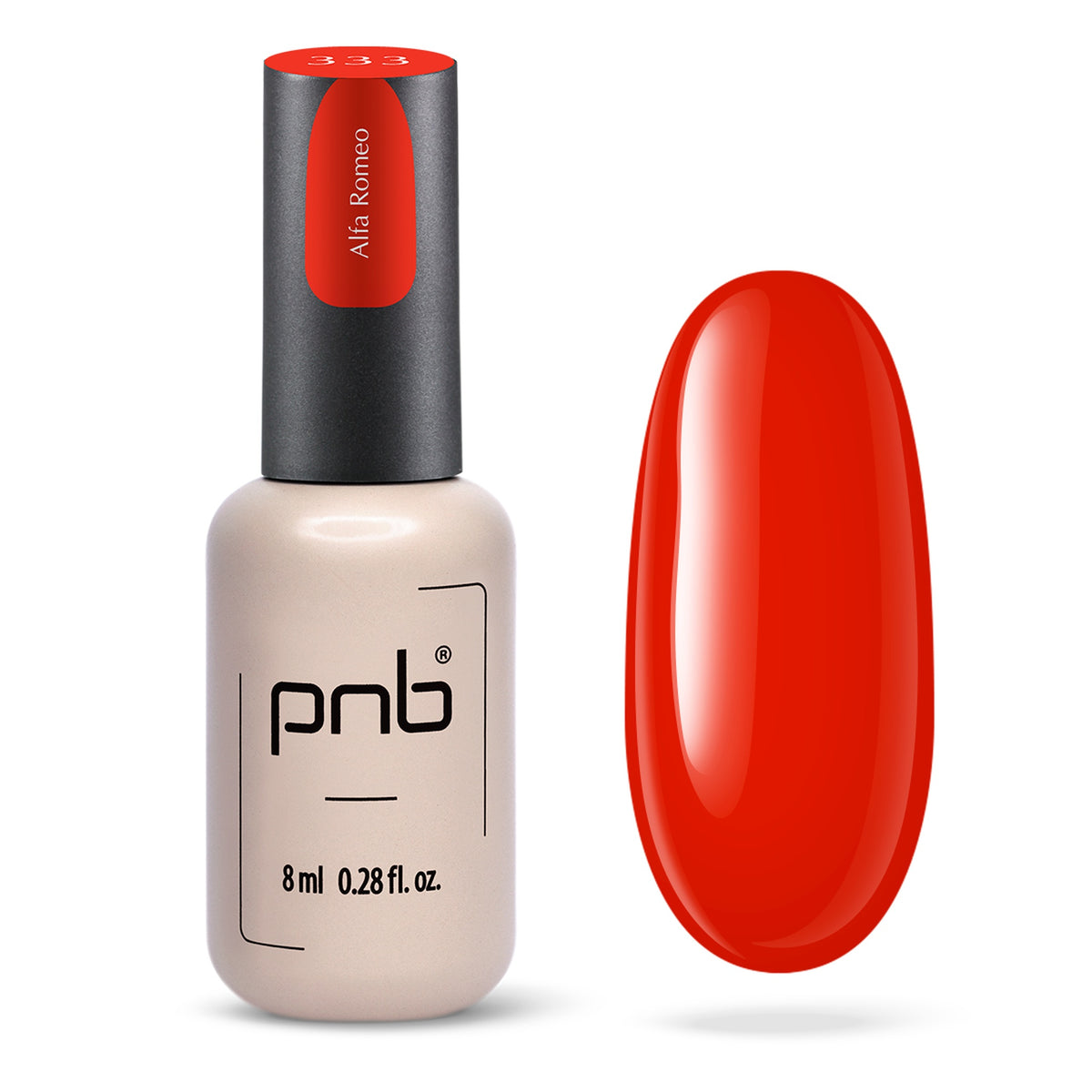 Flacon et échantillon du vernis gel PNB n° 333 Alfa Romeo.