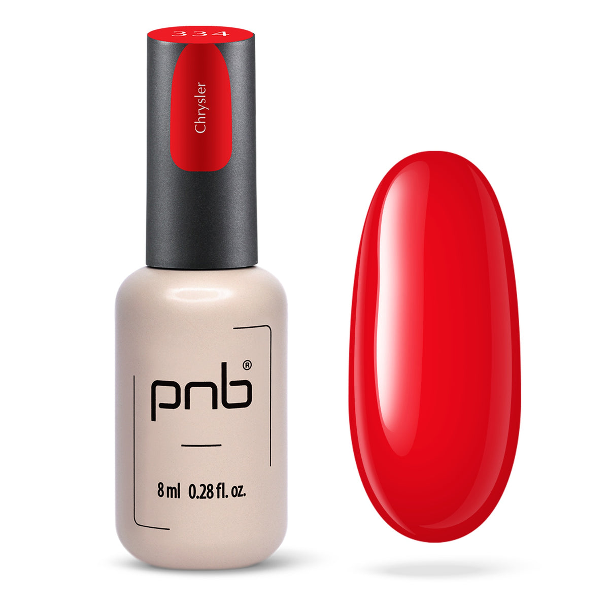 Flacon et échantillon du vernis gel PNB n° 334 Chrysler.
