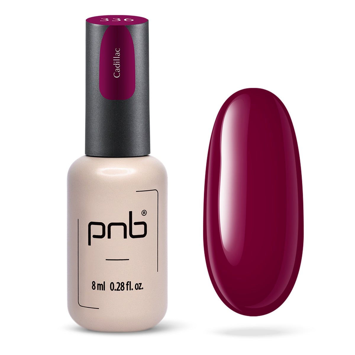 Flacon et échantillon du vernis gel PNB n° 336 Cadilac.