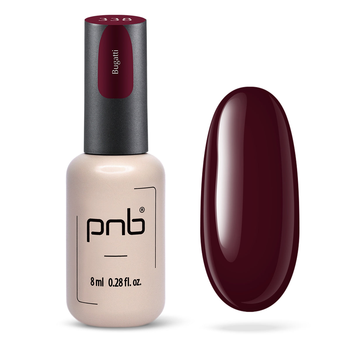 Flacon et échantillon du vernis gel PNB n° 338 Bugatti.