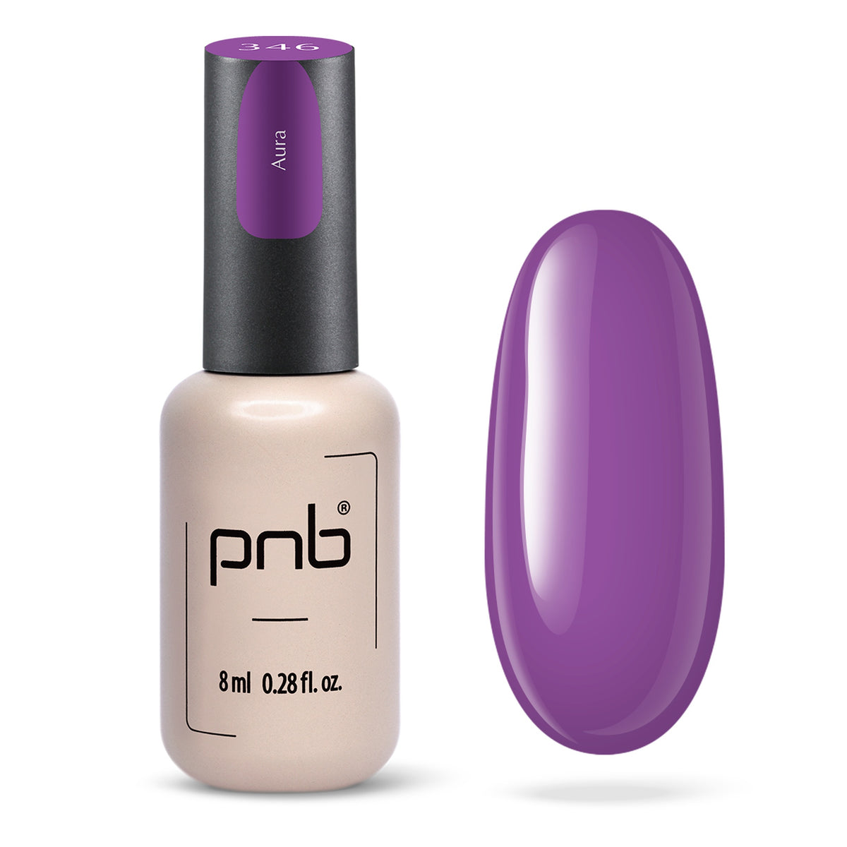 Flacon et échantillon du vernis gel PNB n° 346 Aura.