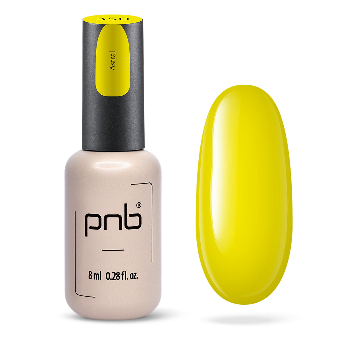 Flacon et échantillon du vernis gel PNB n° 350 Astral.