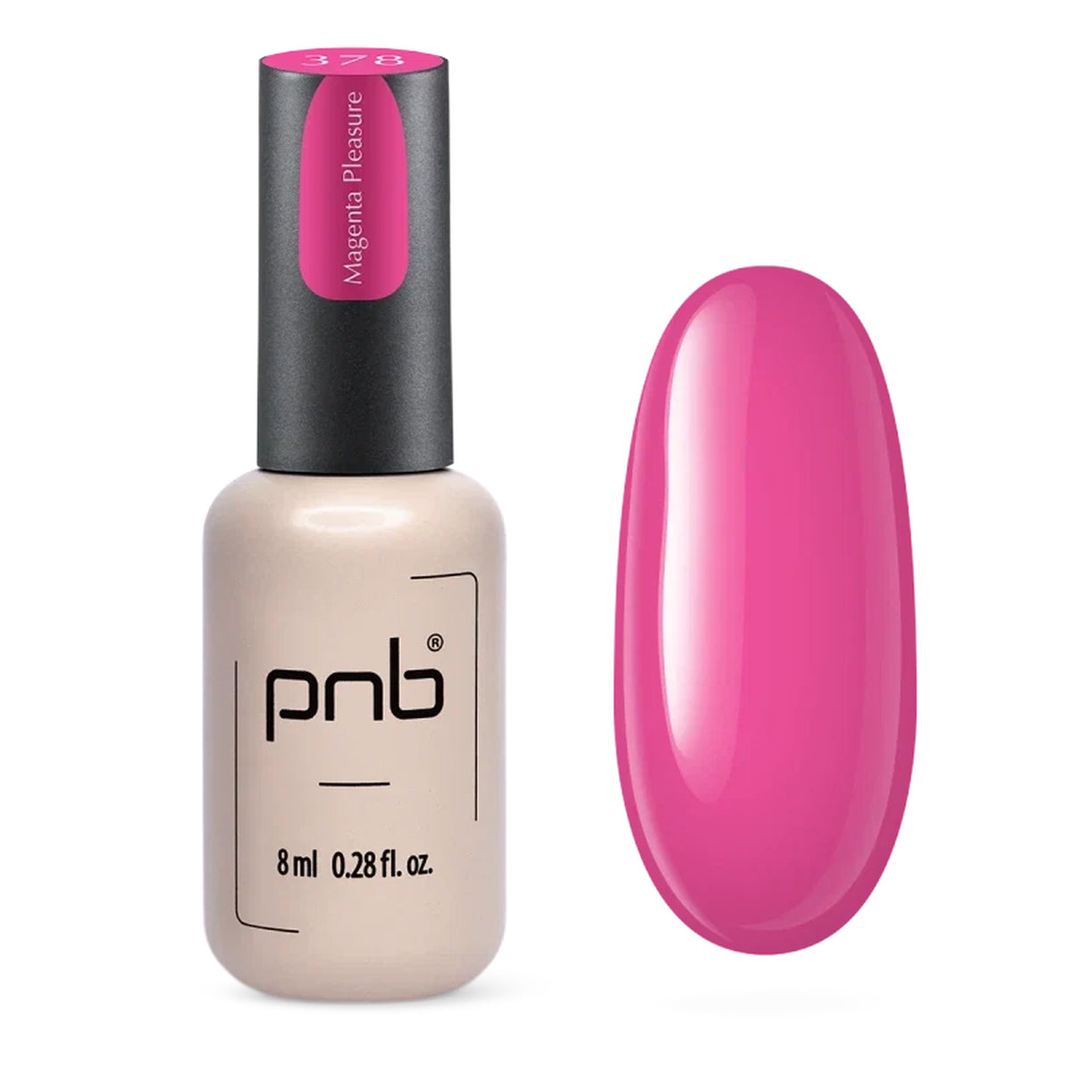 Flacon et échantillon du vernis gel PNB n° 378 Magenta Pleasure.