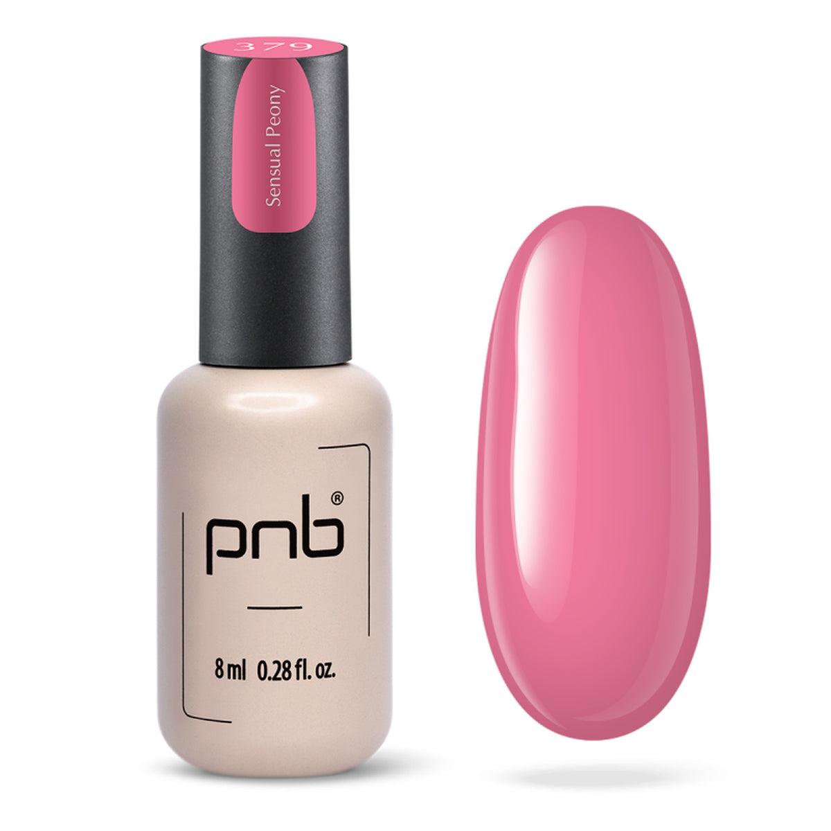 Flacon et échantillon du vernis gel PNB n° 379 Sensual Peony.