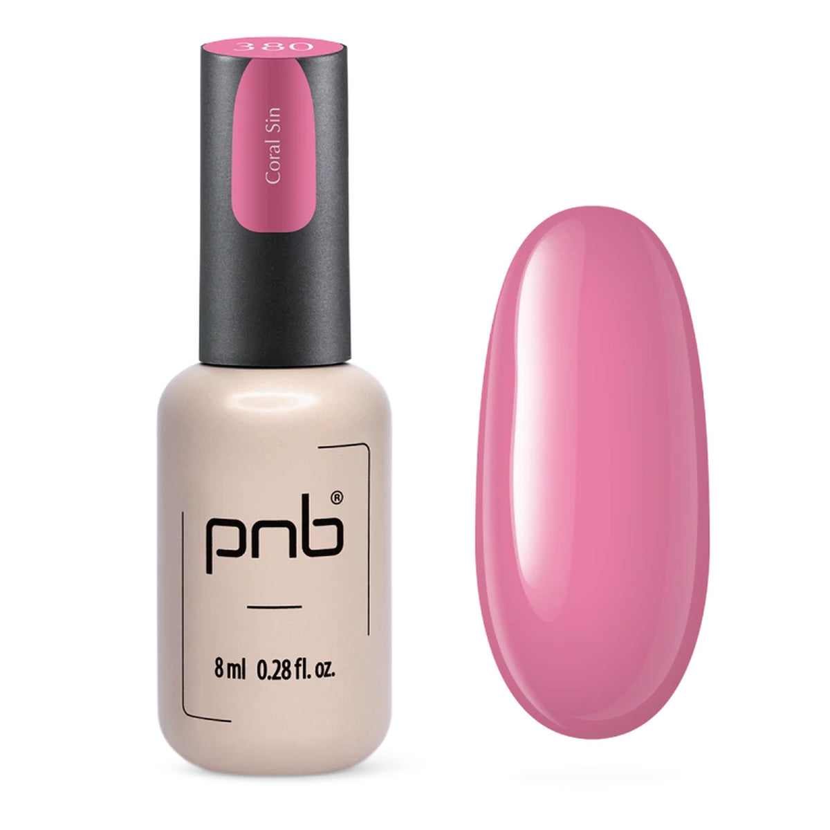 Flacon et échantillon du vernis gel PNB n° 380 Coral Sin.
