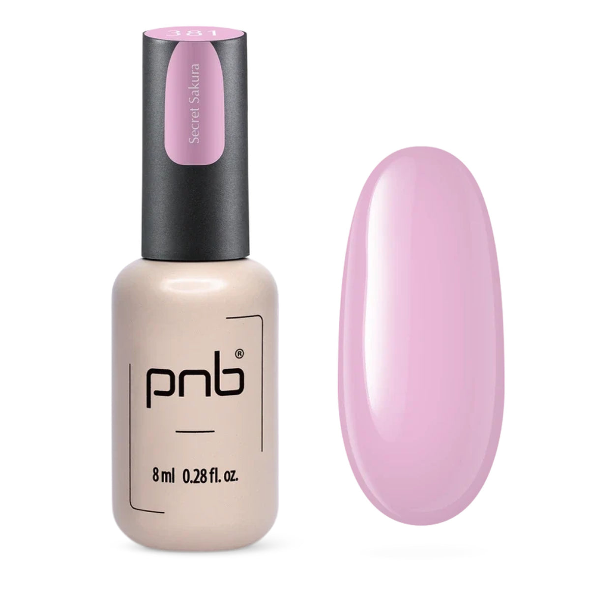 Flacon et échantillon du vernis gel PNB n° 381 Secret Sakura.