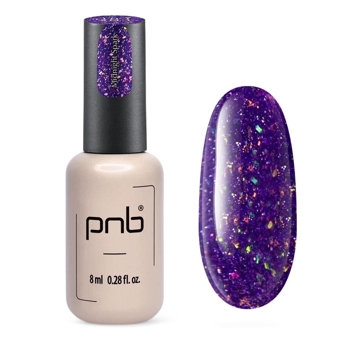 Flacon et échantillon du vernis gel PNB n° 383 Midnight Spark.