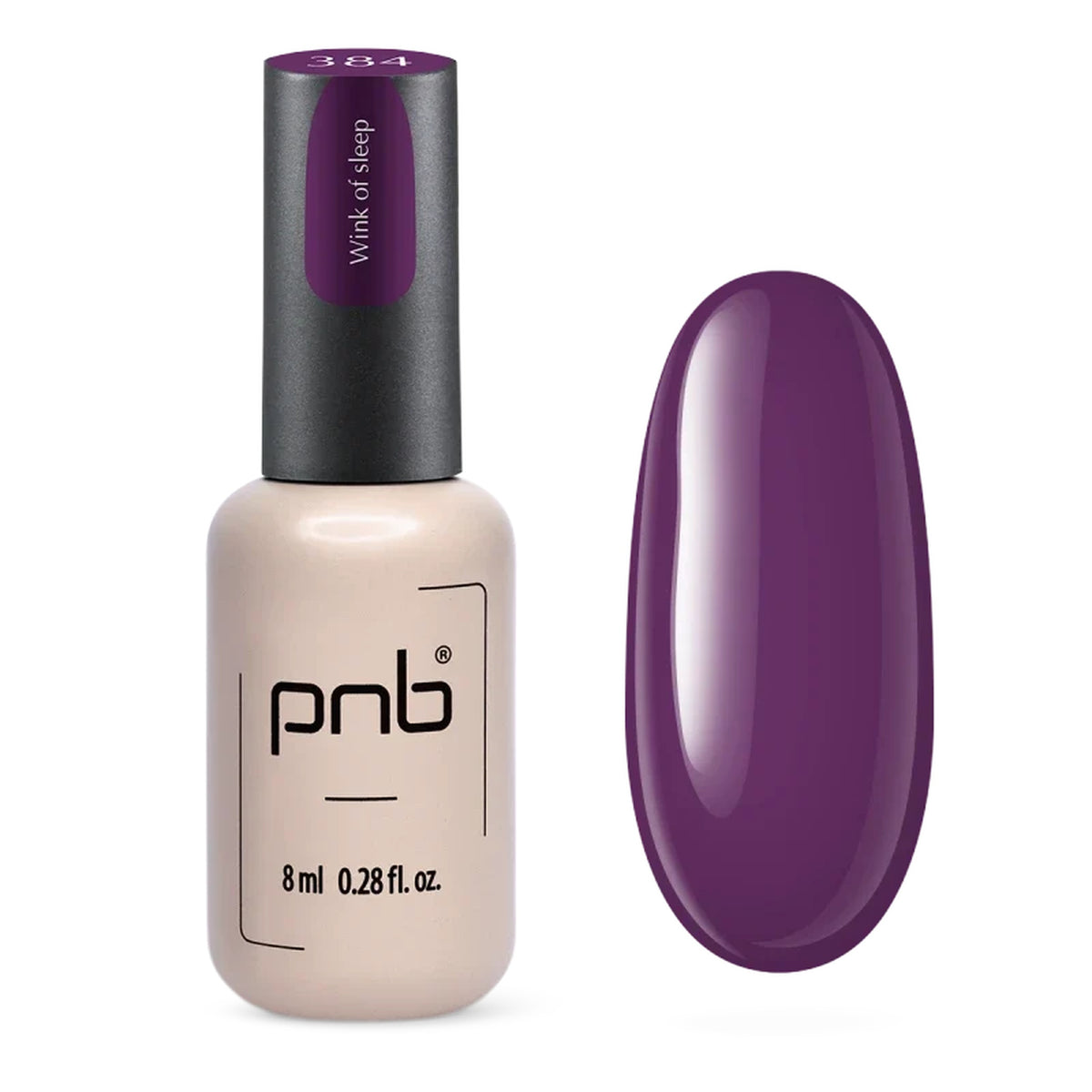 Flacon et échantillon du vernis gel PNB n° 384 Wink of Sleep.