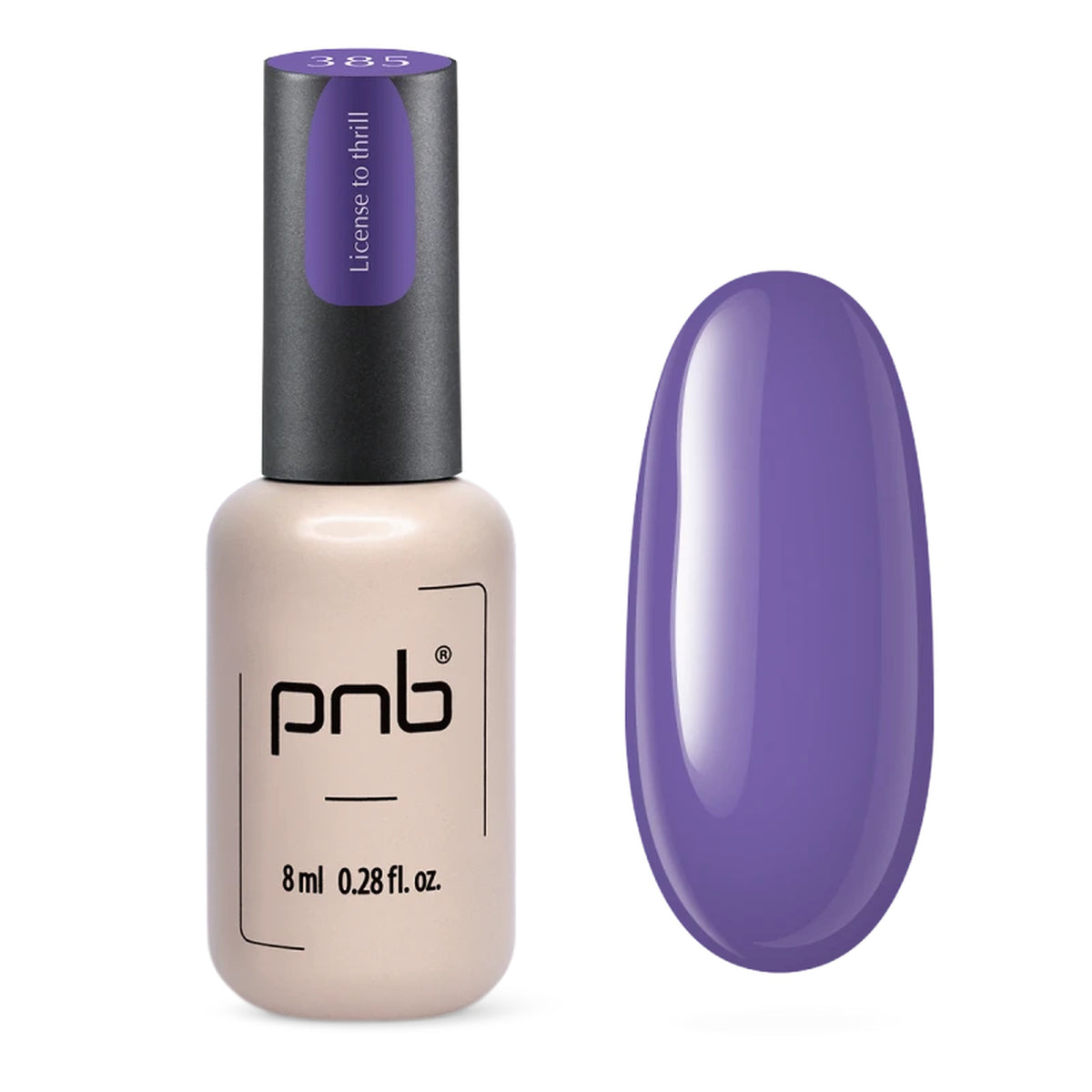 Flacon et échantillon du vernis gel PNB n° 385 License of Thrill.