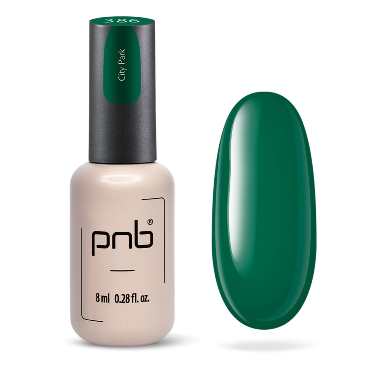Flacon et échantillon du vernis gel PNB n° 386 City Park.