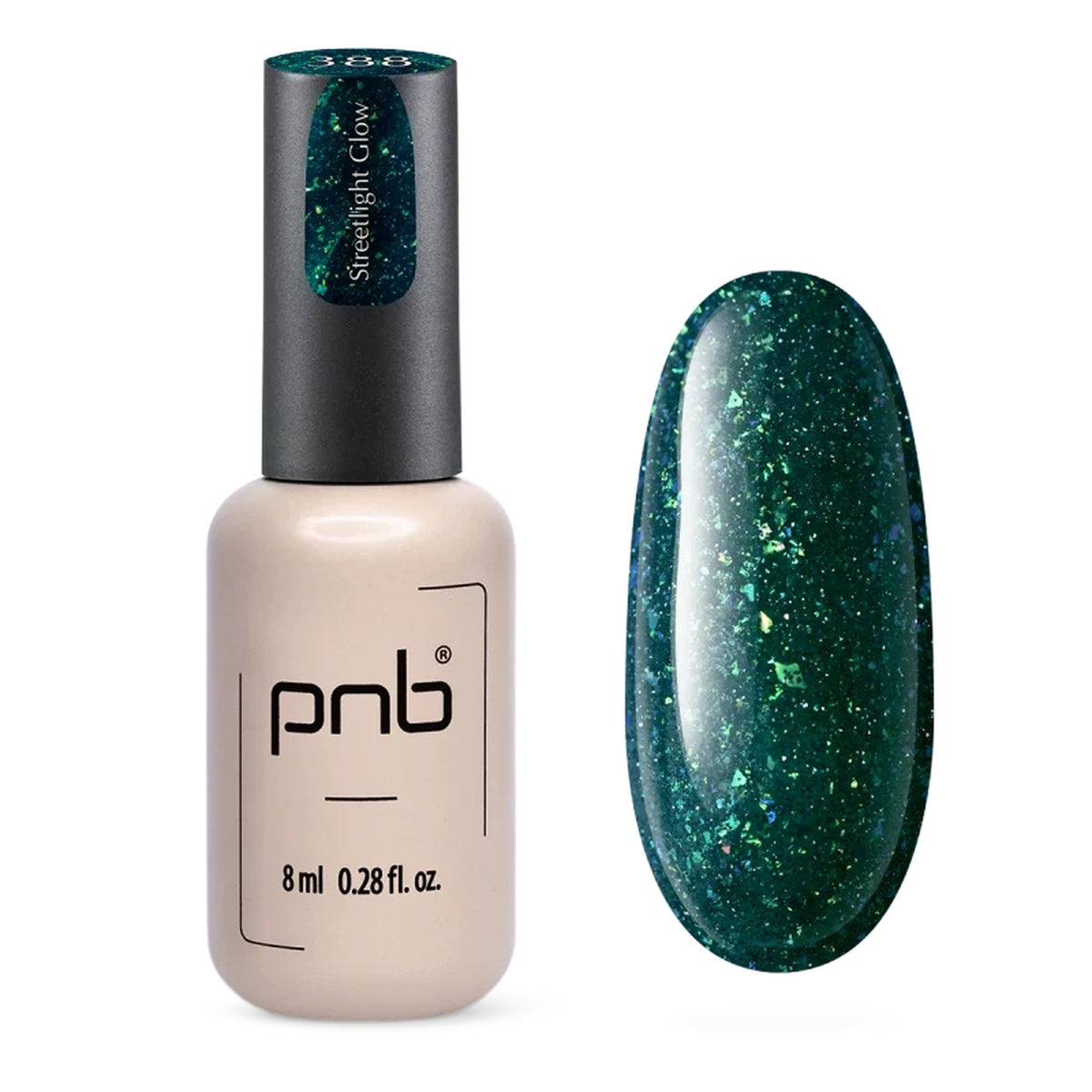 Flacon et échantillon du vernis gel PNB n° 388 Streetlight Glow.