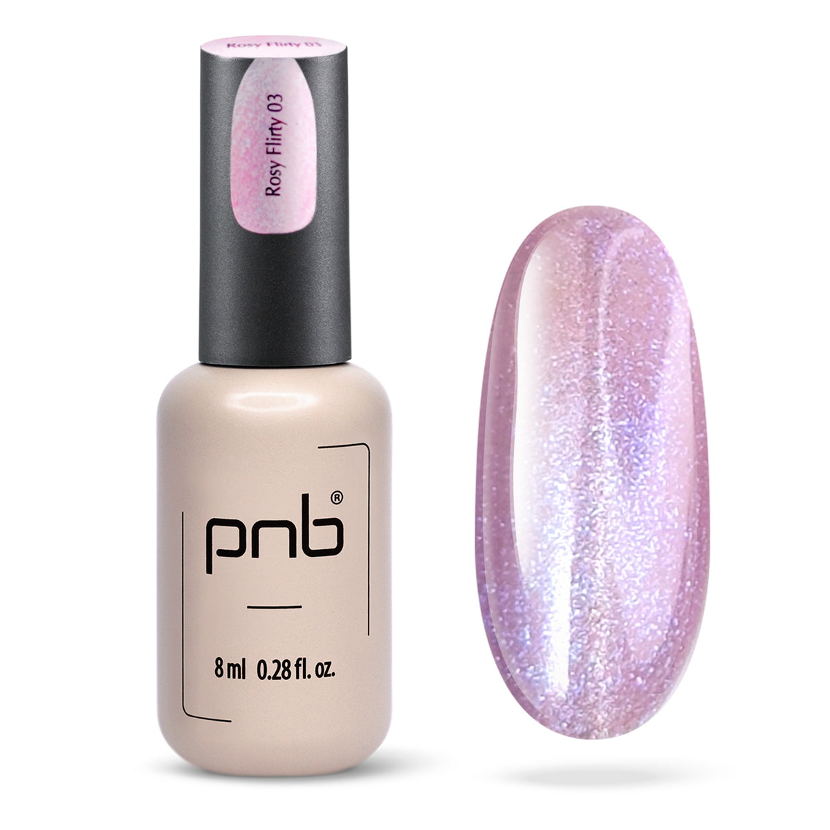 Flacon et échantillon du vernis gel PNB Glamour Cat n° 03 Rosy Flirty.